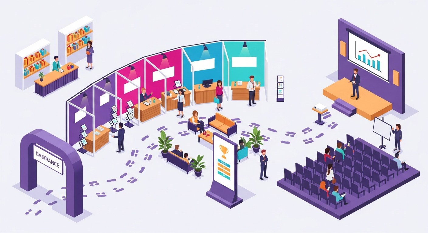 Isometric illustration of an event venue with an entrance arch, exhibitor booths, a session room with a stage and seated audience, a leaderboard kiosk, a lounge area, and a prize counter